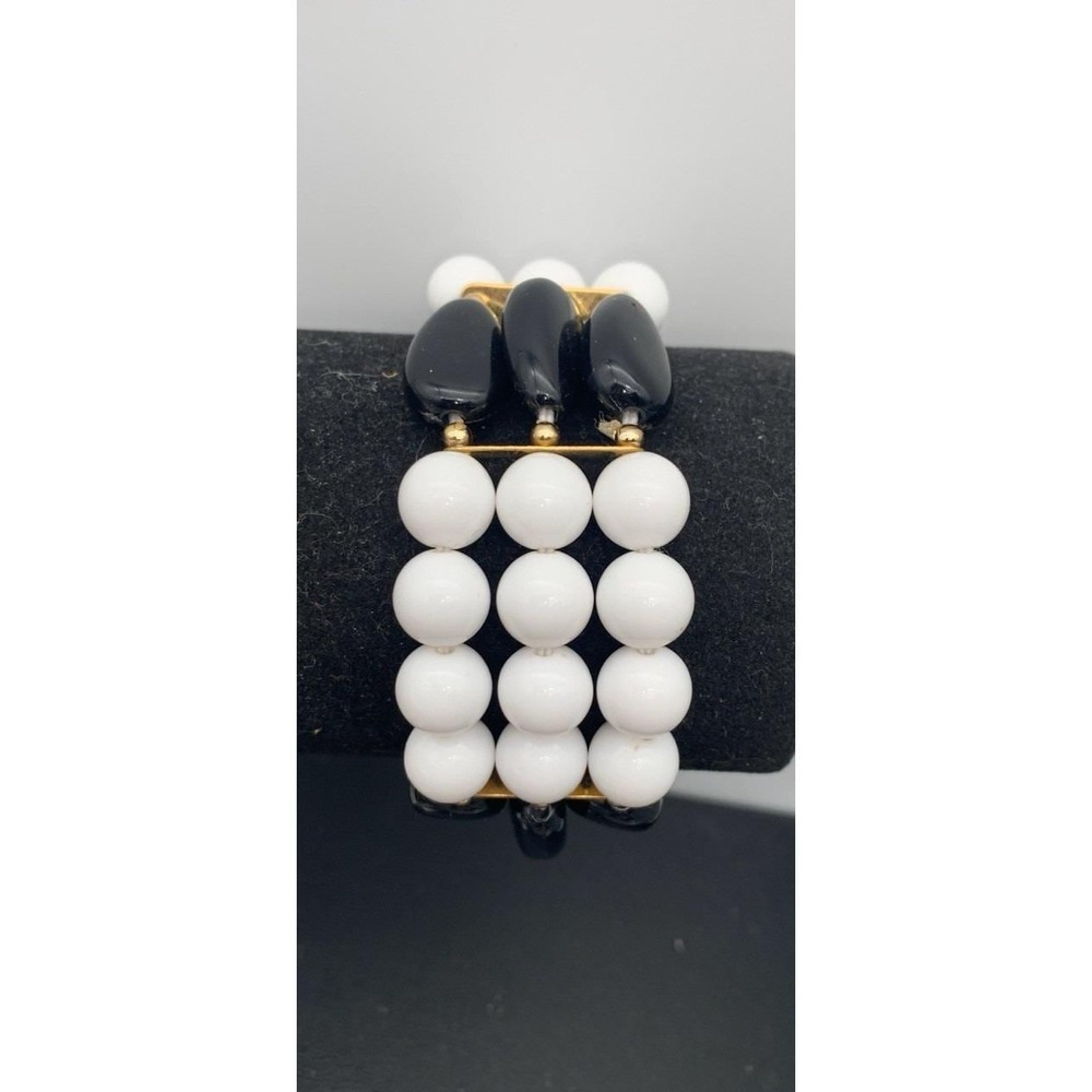 Vintage Black And White Lucite 3 Row Stretch Bracelet W Gold Tone Accents